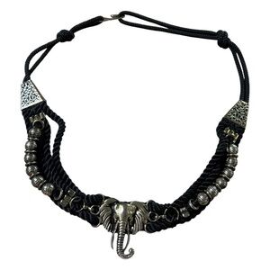 Elephant Statement Rope Belt 38” Length Black Silver Festival Boho